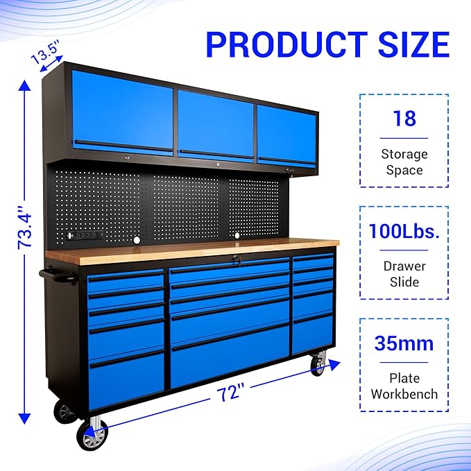 CT Copper Tailor 72-inch Rolling Tool Chest with Integrated Power Strip,15 Drawers and Wheels, Garage Workbench with Storage, 3 Upper Cabinets, Pegboard in Blue