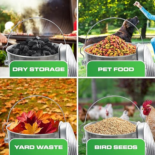 Plexon Metal Trash Can with Locking Lid Outdoor Storage Bucket for Bird Seed Ash Galvanized Steel 10-Gallon 3 Pack