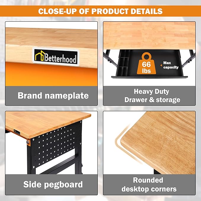 60" Adjustable Workbench for Garage, Rubber Wood Shop Table W/Wheels & Double Pegboards & Drawer, 2000 LBS Load Capacity Hardwood Worktable for Workshop, Garage, Office, Home, Commercial