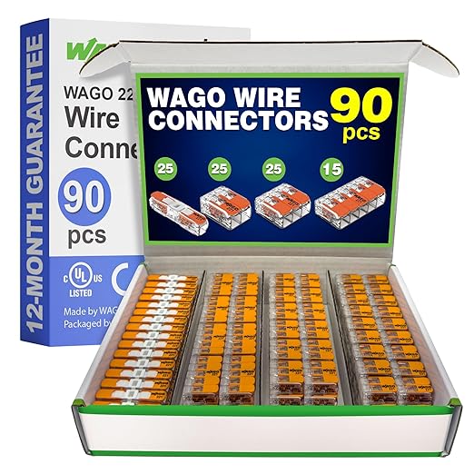 WAGO 221 Series 90pc Compact Splicing Wire Connectors | Includes (25x 221-2401), (25x 221-412), (25x 221-413), (15x 221-415) | WAGO Wire Connectors | 221 Straight Inline Splice | Electrical Lever Nuts