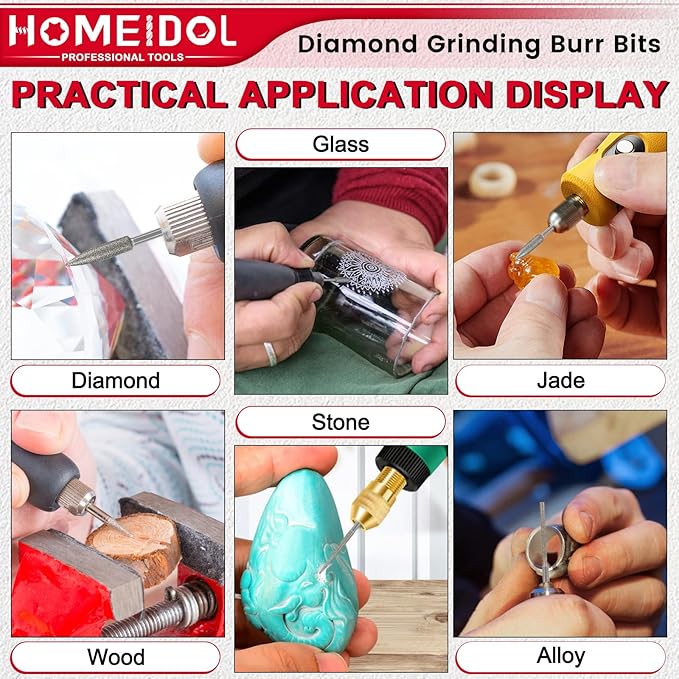 Stone Carving Set Diamond Burr Bits Compatible with Dremel, 11PCS Polishing Kits Rotary Tools Small Long Cone Accessories with 1/8’ Shank For Carving, Engraving, Grinding, Stone, Rocks, Jewelry, Glass