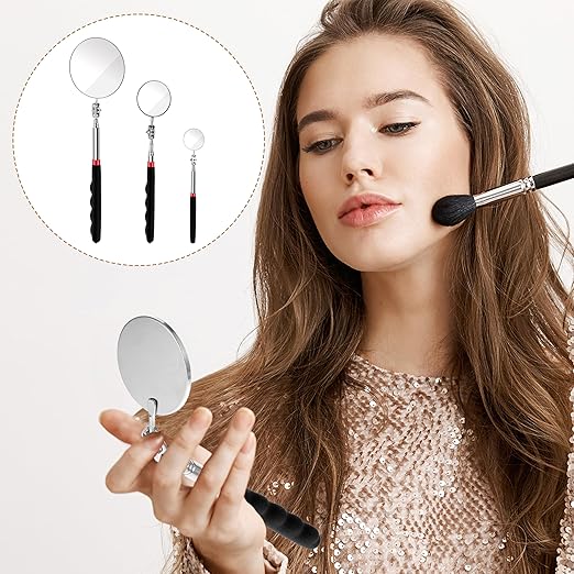 6Pcs Telescoping Mirror, Stainless Steel Extendable Inspection Mirror Telescoping, Telescoping Inspection Mirrors with Long Handle Tool for Technicians, Mechanics, Contractors (Black, Round)
