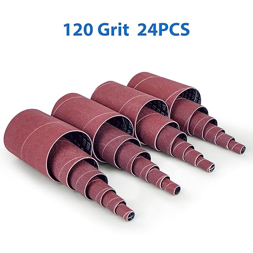 LotFancy Spindle Sanding Sleeves, 120 Grit, Pack of 24, Aluminum Oxide Abrasive, 4-1/2” Length, 4 Each of 1/2”,3/4”,1”,1-1/2”, 2” and 3”