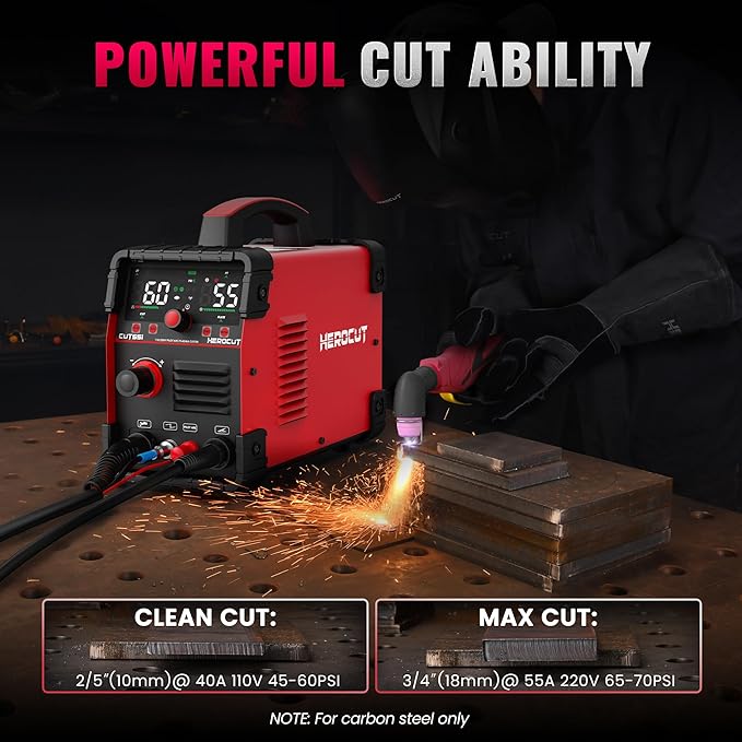 Plasma Cutter, 55Amps HEROCUT Plasma Cutter Machine CUT55i, Non-Touch Pilot Arc, 110/220V Dual Voltage IGBT Inverter, Screen Display, Air Sensor, 1/2'' Clean Cutting Thickness, 2T/4T for Beginners DIY