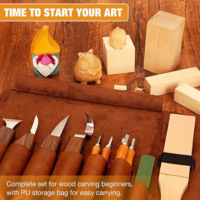 Wood Carving Kit, 24Pcs Wood Carving Tools with PU Storage Bag, Wood Whittling Knife Kit with 4pcs Templates & 6pcs Basswood Blocks for DIY Beginners