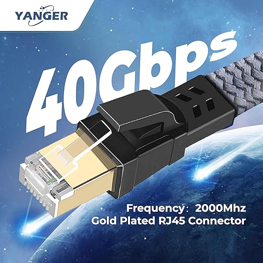 YANGER Cat8 Ethernet Cable 50FT，Nylon Braided High Speed Heavy Duty Network LAN Patch Cord, 40Gbps 2000Mhz with Gold Plated RJ45 Connector, Indoor&Outdoor for Modem/Router/Gaming/PC