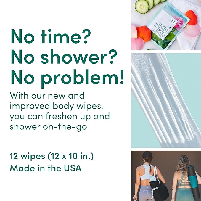 YUNI Beauty Large Body Wipes (Rose Cucumber, 12 Count) Soft Moist Showerless Wipes, Cleanse & Deodorize Waterless Travel Body Cleanser, Biodegradable Individually Wrapped Body Wipes for Camping or Gym