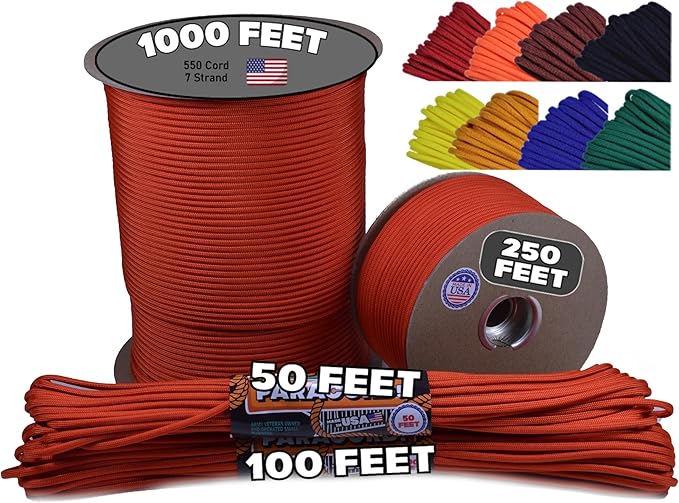 BORED? PARACORD! 550 lb Paracord - Ideal for Crafting, Camping, DIY Projects, Active & Military Outdoors - Strong Survival Rope - Tactical Parachute Cord Type III - Solar Orange 250 Feet
