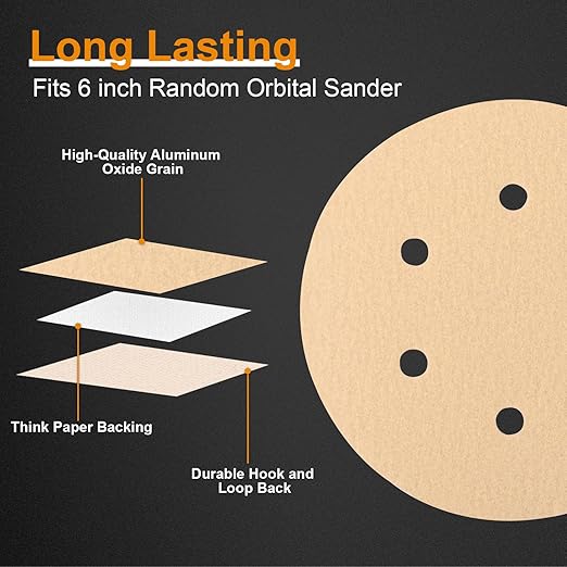 100 PCS 6 Inch Sanding Discs 220 Grit, 6 Hole Hook and Loop Round Sandpaper for Random Orbital Sander
