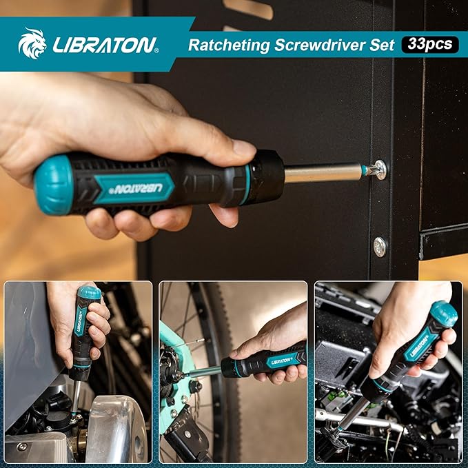 LIBRATON Ratcheting Screwdriver Set, Multi-bit Screwdriver Tool, 33-in-1 Magnetic Ratchet Screw Driver, Slotted/Philips/Pozi/Torx/Hex/Square Bits, Ergonomic Handle for Home, Auto & DIY