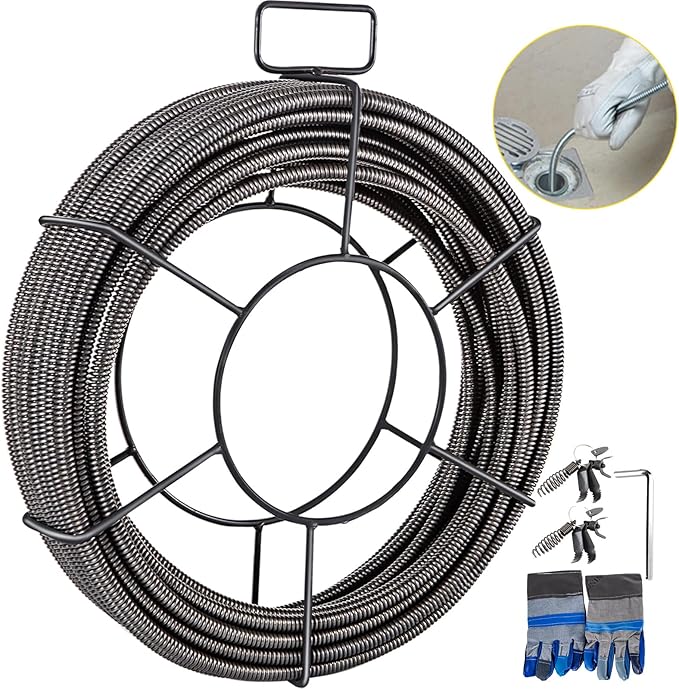 VEVOR Drain Cleaning Cable 50 Feet x 3/8 Inch Solid Core Cable Sewer Cable Drain Auger Cable Cleaner Snake Clog Pipe Drain Cleaning Cable Drain Auger Snake Pipe