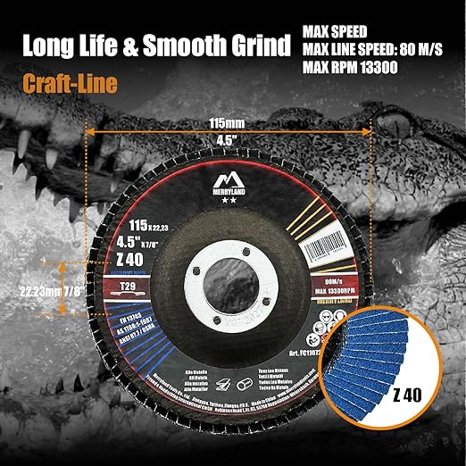 Merryland Flap Disc 4 1/2 inch Metal for Angle Grinder, 4.5inch 40 Grit T29 Flap Wheel, Blue Zirconium Corundum INOX Stainless Steel Iron Universal, Craft-Line FC1107214-20