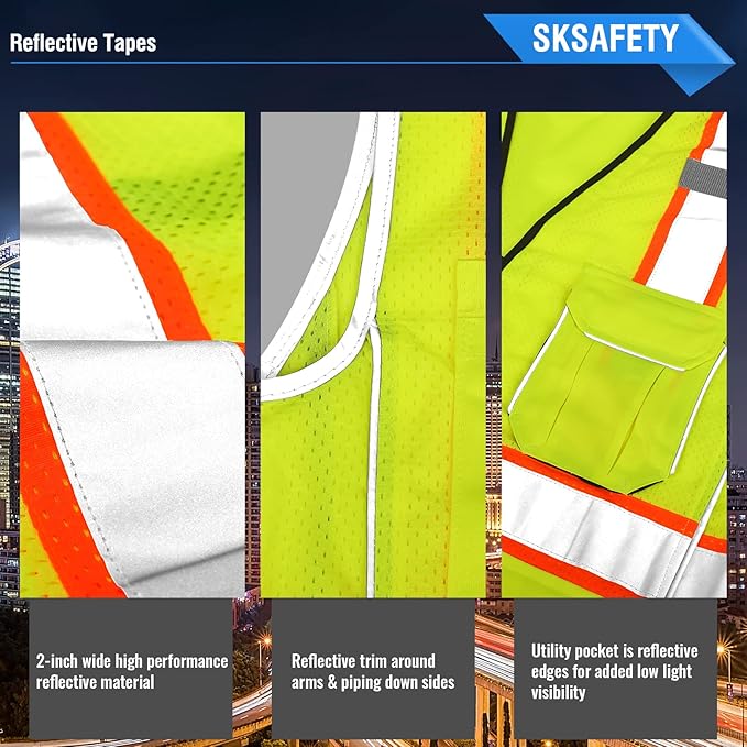 SKSAFETY 10 Pockets Professional Safety Vest, Class 2 High Visibility, ANSI/ISEA Standard, Construction Work Vest (Lime, 4XL)