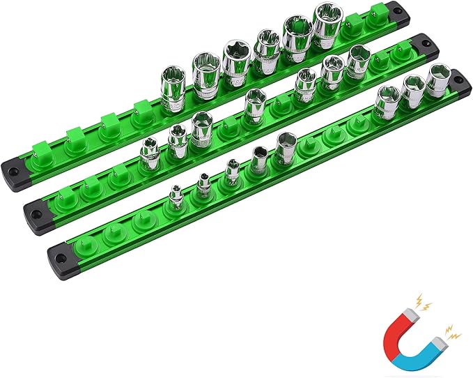 ALOANES Magnetic Socket Organizer Set, 3-Piece Heavy Duty Aluminum Socket Holder Socket Rail Organizer for Tool Box, 360° Swivel Clips Socket Rack 1/4, 3/8, 1/2-Inch x 40 Clips (Green)