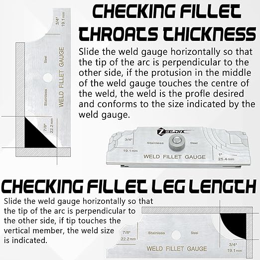 ZeeDix Metal Fillet Weld Gauge Set, Stainless Steel Welding Inspection Gauge Tool(1/8" - 1") Ulnar Metric & Inch