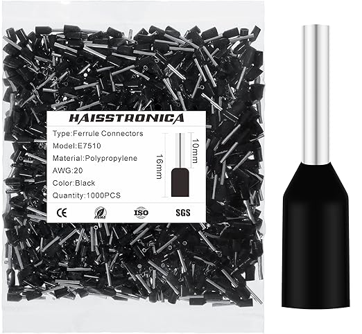 haisstronica 1000PCS Wire Ferrules Connectors,Black AWG20 Wire End Ferrule Terminals,Crimp Pin Cord End Terminals