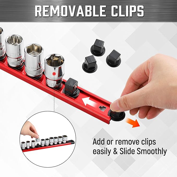 ALOANES 1/4-Inch Drive Magnetic Socket Organizer, Heavy Duty Aluminum Socket Rail Organizer, 360° Swivel Clips Socket Holder Kit for Tool Box, 1/4-Inch Socket Holder x 14 Clips (Red)