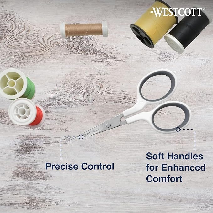 Westcott 4" Embroidery Scissors with Curved Titanium-Bonded Blades for Flush Trimming, Crafting, Sewing & More (White/Gray)