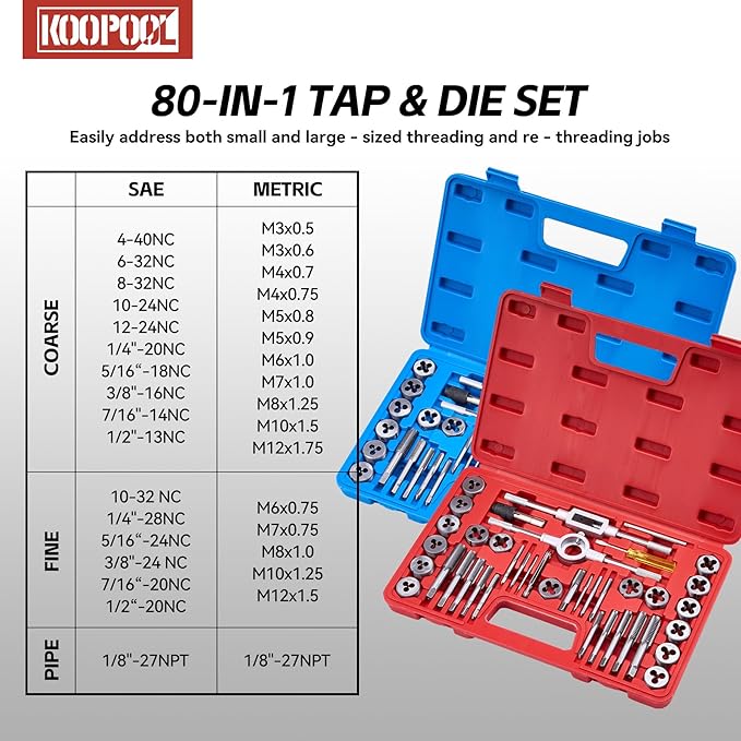 80pcs Tap and Die Set, Metric and Standard Threading Tool Kit for Cutting and Repairing Internal & External Threads, NC/NF/NPT Compatible