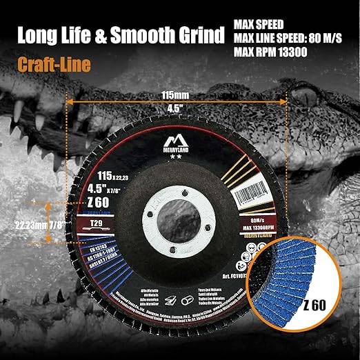 Merryland Flap Disc 4 1/2 inch Metal for Angle Grinder, 4.5inch 60 Grit T29 Flap Wheel 10 Pack, Blue Zirconium Corundum INOX Stainless Steel Iron Universal, Craft-Line FC1107314-10