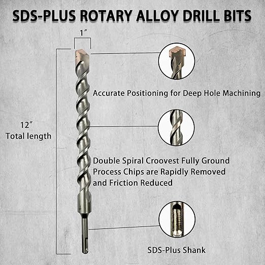 Direko 10-Piece 1 inch x 12 Inch SDS Plus Rotary Hammer Drill Bits Carbide Tipped Concert Drill Bits for Concrete, Brick, Cement Walls, Stone, Hammer Drill Bits for Concrete