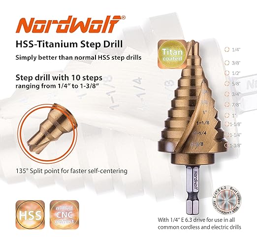 NordWolf HSS Titanium SAE Step Drill Bit, Spiral Groove Double Flute Unibit with 1/4" Hex Shank for Sheet Metal, 10 Imperial Step Sizes 1/4" to 1-3/8"