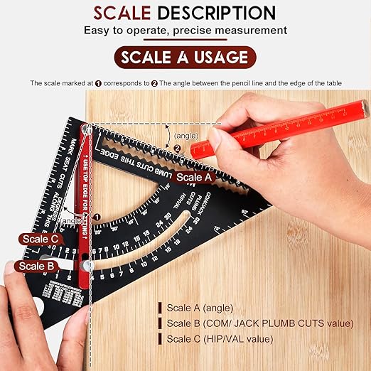 7 inch Carpenter Square, Woodworking Triangle Ruler Set, CNC Aluminum Alloy Framing Square, Adjustable Angle Carpentry Triangle Ruler, Multifunction Carpenter Square Protractor with 5 Pencils
