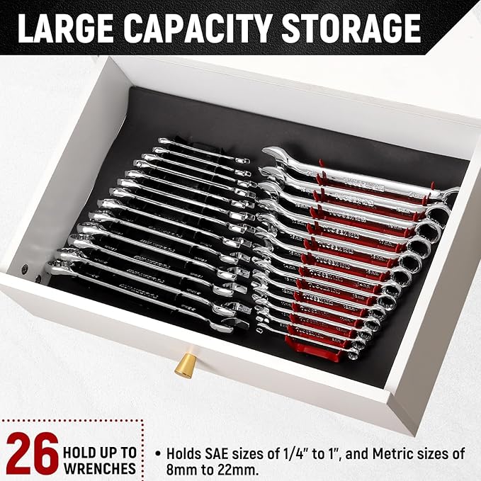 ALOANES 26-Slot Magnetic Metal Wrench Organizer, Fit SAE & Metric Wrench Storage, Tool Organizer for Tool Box, 2 Pack(Red&Black)