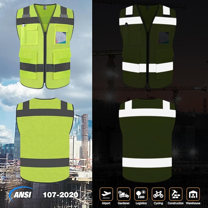 TCCFCCT Mesh Reflective Vest 5 Pockets Safety Vest for Men Women, High Visibility Surveyor Vest with Horizontal Strip for Walkie-talkie, Durable to Use, Meets ANSI/ISEA Standards, Yellow, XL