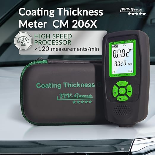 Paint Thickness Gauge CM-206X | Coating Depth Meter Fe/Al/Zn | Auto Car Paint Meter with Ruby Probe, Quick Calibration, Rubber Cover & Hard PU Case for Automotive Inspection (CM-206X)