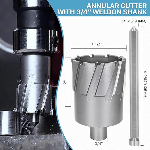 KEENTECH Carbide-Tipped Annular Cutter, 2-1/4" Diameter x 2" Depth, 3/4" Weldon Shank (2 Flat), High Speed Cutting TCT Mag Drill Bit with Pilot Pin for Harder Material, Stainless Steel, Cast Iron
