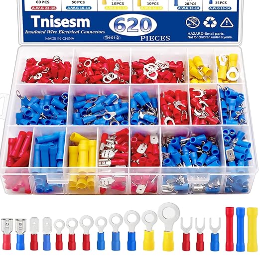 Tnisesm 620Pcs Insulated Wire Crimp Connectors Assortment Kit, Fork Ring Spade Butt Quick Disconnect Terminals Lugs Set, Male/Female Wire Cable Connectors