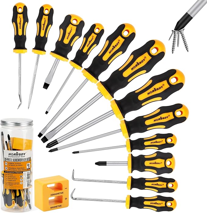 HORUSDY 13-Pieces Screwdriver Set, Magnetic 4 Phillips and 4 Flat Head Tips and Precision Automotive Hook Set for Fastening and Loosening Seized