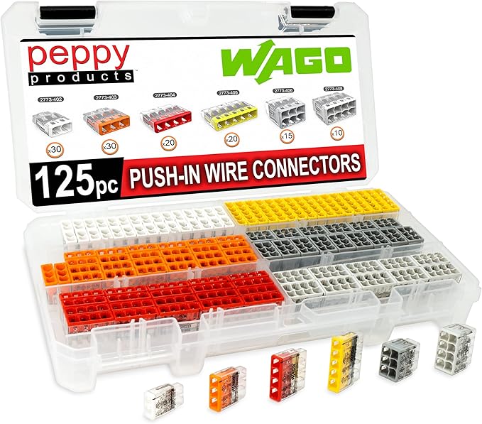 WAGO 2773 Wall Nuts 125pc Push-in Wire Connector Assortment Kit with Case | Splicing for Solid and Stranded Electrical Conductors | 2773-402, 2773-403, 2773-404, 2773-405, 2773-406, 2773-408