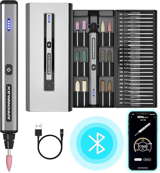 AM ARROWMAX Mini Engraving Pen, Cordless Rotary Tool with 36 Bits, Aluminum Case, Bluetooth, APP, Wireless Magnetic Charge, Engraving Tool for Jewelry, Wood, Glass, Carving (SGS Mini)