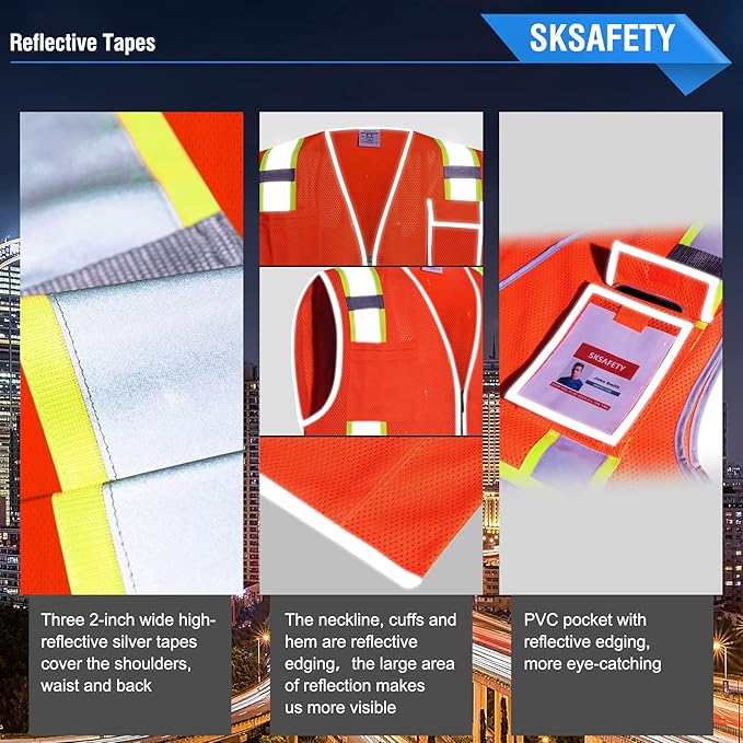 SKSAFETY 10 Pockets Safety Vest, Class 2 High Visibility Security with Zipper Double-sided mesh, Hi Vis Vest with Reflective Strips, ANSI/ISEA Standard, Construction Work Vest （Orange, 5XL）