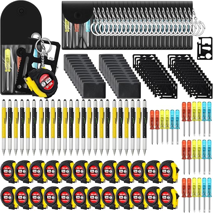96 Pcs Mini Tape Screwdriver Keychain Set Christmas Men Gifts Bulk Adult Party Favors Multitool Pen Card Tool Measuring Keychains Stocking Christmas Stuffers for Men Dad (Yellow,Black)