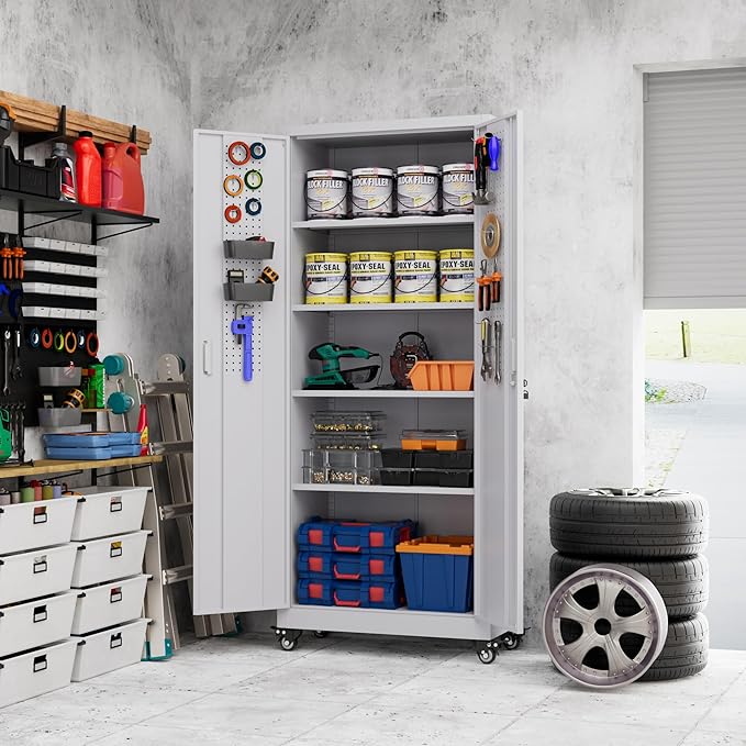 73 Inches Metal Storage Cabinet on Wheels,Garage Storage Cabinet with Wheels and 4 Adjustable Shelves,Rolling Cabinets for Garage,Office,Warehouse,Assemble Required(White)