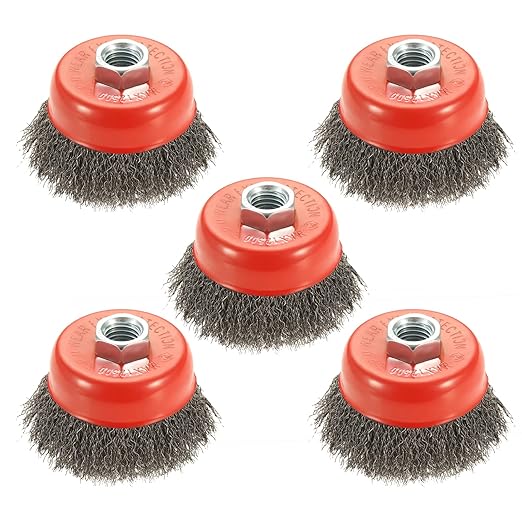 5 Pack 3 Inch Coarse Crimped Wire Cup Brush for Angle Grinder with 5/8 Inch-11 Threaded Arbor - 0.014 Inch Carbon Steel Wire -Light Duty Conditioning for Metals