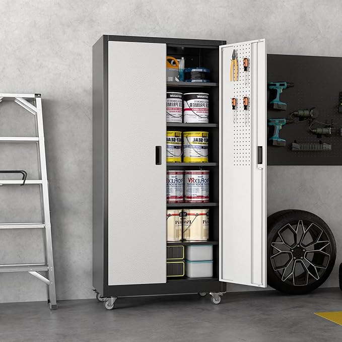 Aobabo Upgrade 71H''*32''W*16''D Metal Garage Storage Cabinet with Wheels and Pegboards, 5 Adjustable Shelves Steel Storage Cabinets for Home,Warehouse,Garage,Assembly Required,Black and Sliver