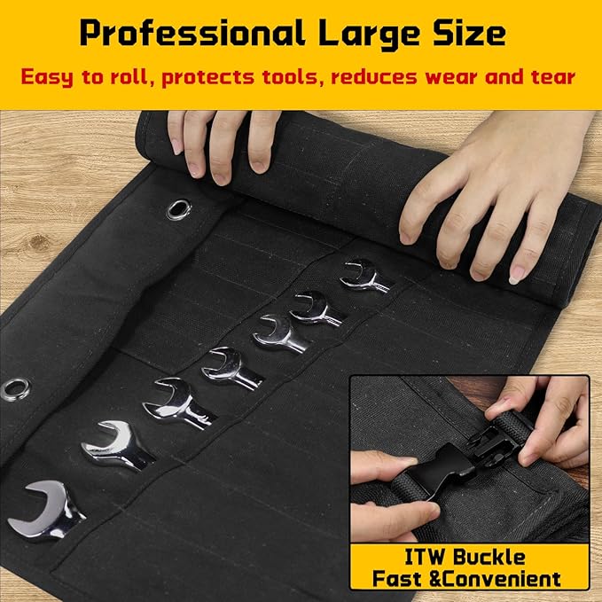 Wrench Roll 32 Pockets, Heavy-Duty 16 oz. Waxed Canvas Wrench Roll Up Bag Holds Wrench Wrap for Metric and SAE Wrenches, Wrench Pouch with Buckles and Handle, Sturdy Wrench Tool roll (Black)