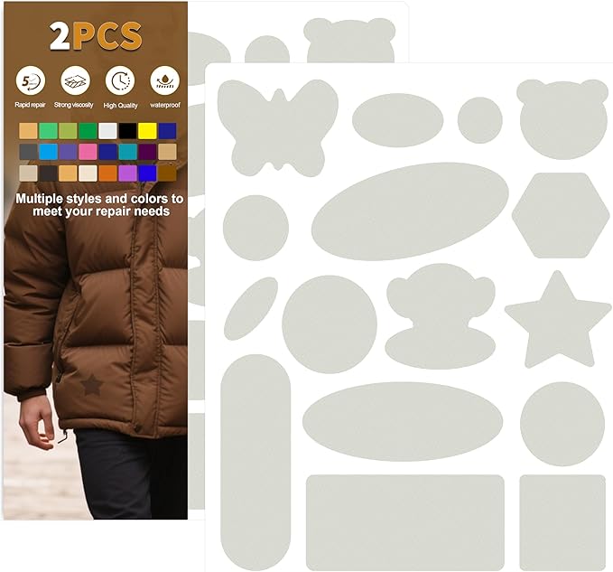 Azobur Down Jacket Repair Patches-Waterproof, Self-Adhesive,Nylon Fabric Patches for Puffy Jackets, Rain and Snow Gear, Tents, Sleeping Bag and More(Light Gray，2pcs)