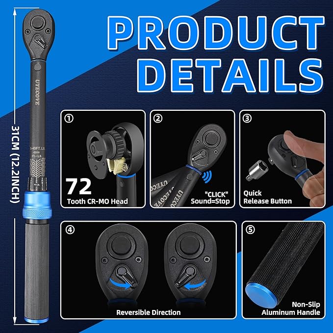 3/8-Inch Drive Click Torque Wrench, Dual-Direction Click Professional Torque Wrench 5-45FT.LB/6.8-61N.M, Dual Range Scales Graduated in FT.LB and N.M, Blue