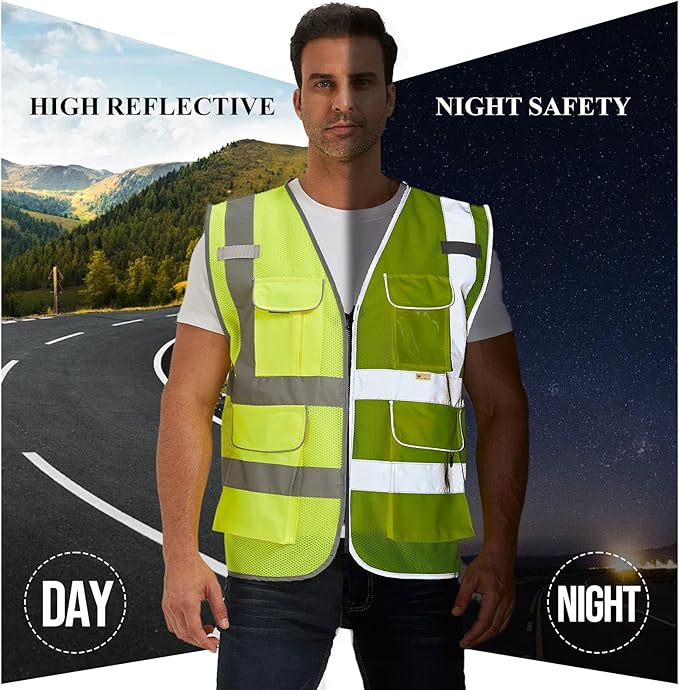 SIFE Reflective Safety Vest High Visibility Vest With 7 Pockets And YKK Zipper, ANSI/ISEA Class 2 Standard, Made With 3M Reflective Tape(03Y-Yellow Mesh,L)
