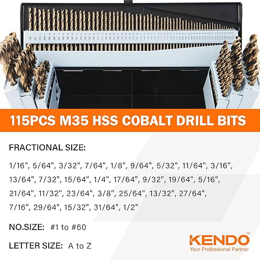 KENDO 115 Pieces Cobalt Drill Bit Set, M35 High Speed Steel Bits Twist Jobber Length Drill Bit Kit for Metal, Cast Iron, Stainless Steel, Plastic and Wood with Storage Case, 1/16"-1/2"