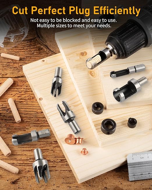 34 Pcs Woodworking Chamfer Drilling Tools Including 6 Countersink Drill Bit Set, 7 Countersink Drill Bit, 8 Plug Cutters for Woodworking, 3 Step Drill Bit and 8 Drill Stop Bit Collar Set.
