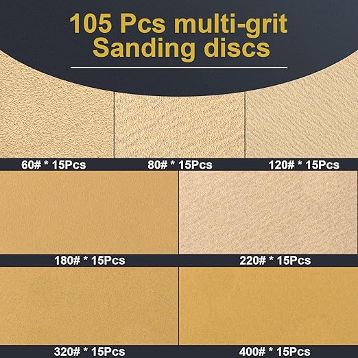 105 PCS 6 Inch Sanding Discs, 6 Hole Hook and Loop Gold Round Sandpaper for Random Orbital Sander 60 80 120 180 220 320 400 Grit