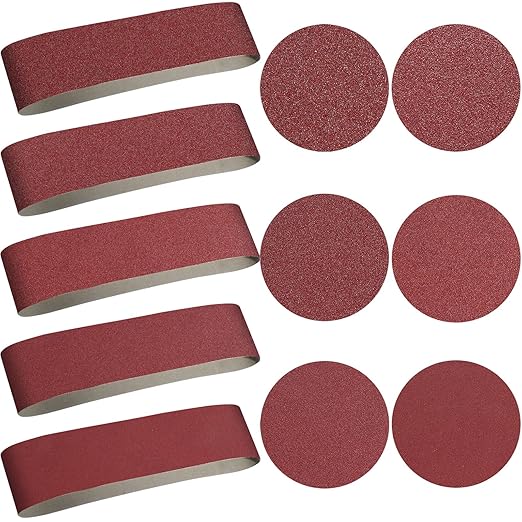 Blulu 44 Pieces Sanding Belts and Sanding Discs Set Includes 4 x 36 Inch Belts (80/120/150/240/400 Grits) and 6 Inch Self Adhesive No Hole Alumina Disc for Bench Combination Sander Woodworking