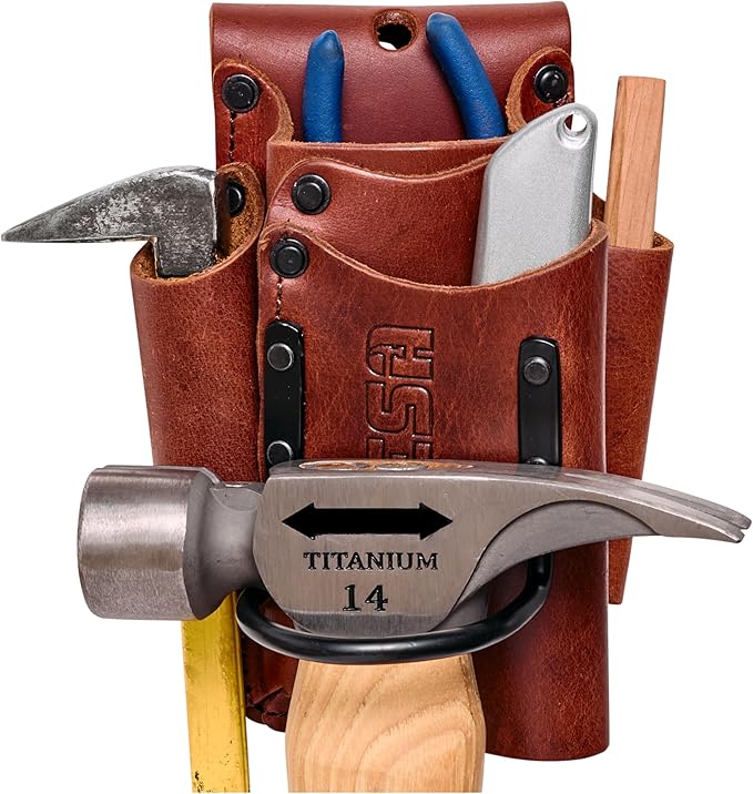 FESA Small Leather Tool Pouch - 5-in-1 Heavy Top Grain Leather Small Tool Pouch with a Steel Hammer Loop, 4 Pockets & Reinforced Heavy Duty Rivets - Fits Belts up to 3" - Handcrafted