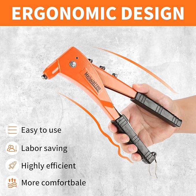 Meiwaltee Rivet Gun with 200PCS Rivets and 4 Drill Bits, Professional Aluminum Alloy Riveter, Heavy Duty Pop Manual Riveting Tool with 4 Interchangeable Heads for Metal, Wood and Plastic